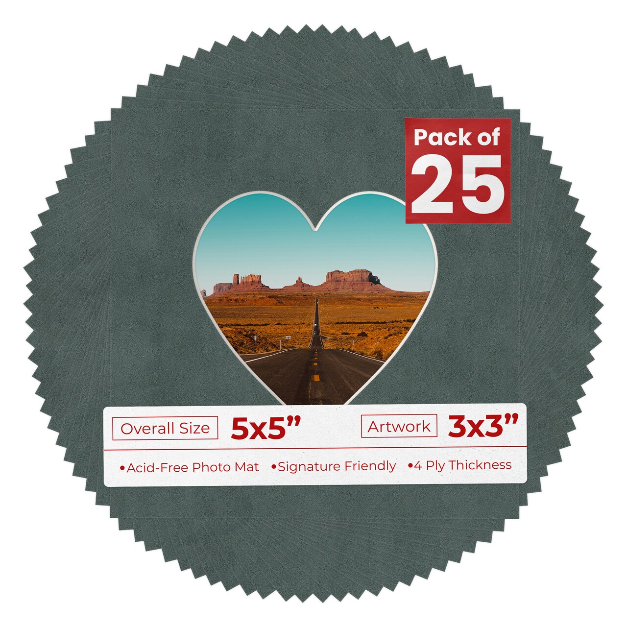 Dark Grey Suede Mat Board for 5x5 Inch Frames - Heart Opening for 3x3 Photos